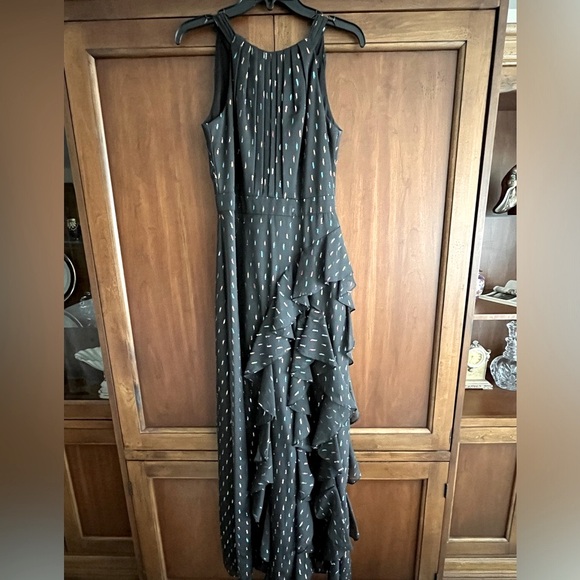 Betsy & Adam Metallic Chiffon Front Ruffle Slit Halter Neck Sleeveless Gown - Picture 8 of 16